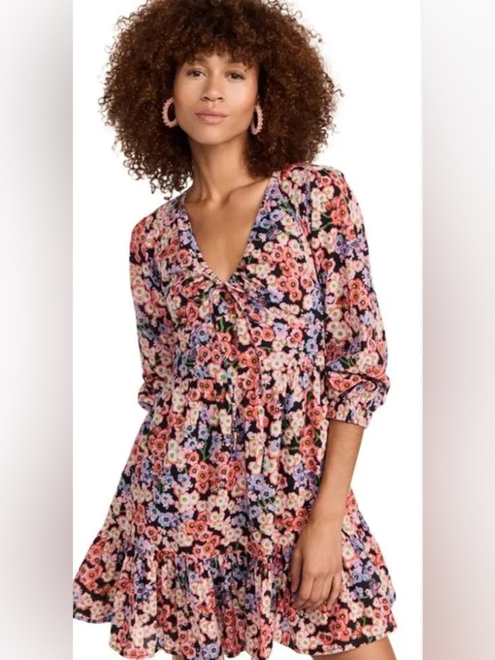 NWT Banjanan V Neck 3/4 Puff Sleeves Macaw Dress Floral Monarch Black sz XS
